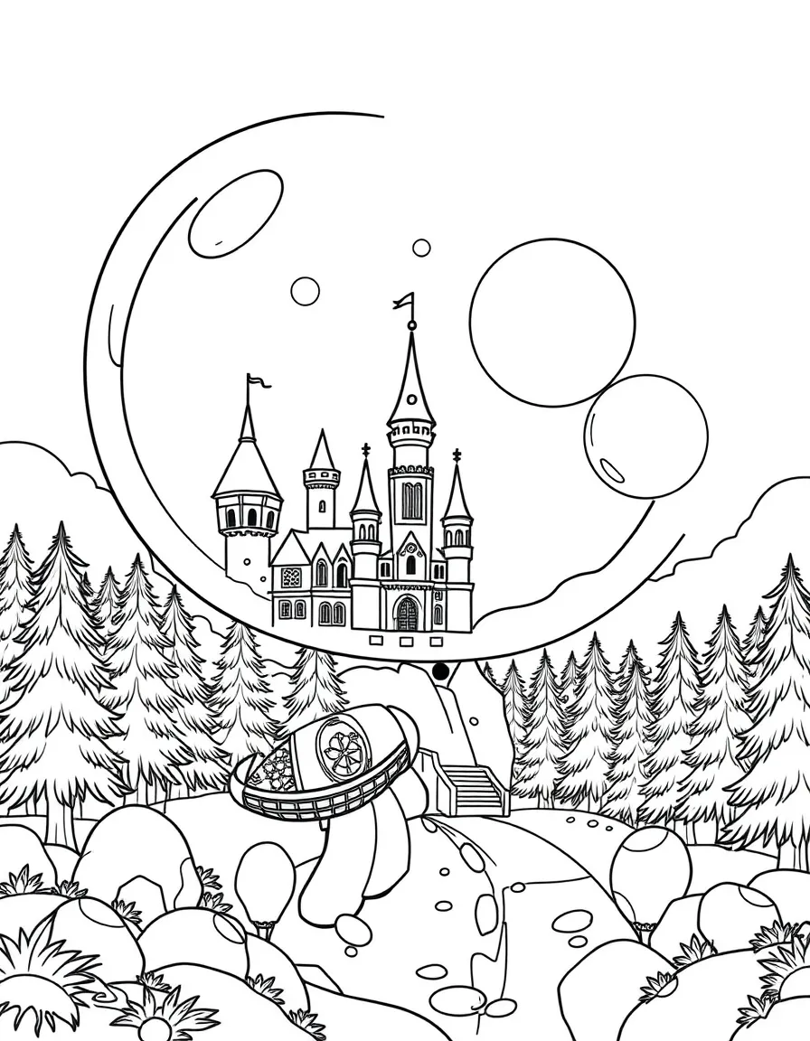 Bubble transportation where travelers float in giant bubbles between castle and forest