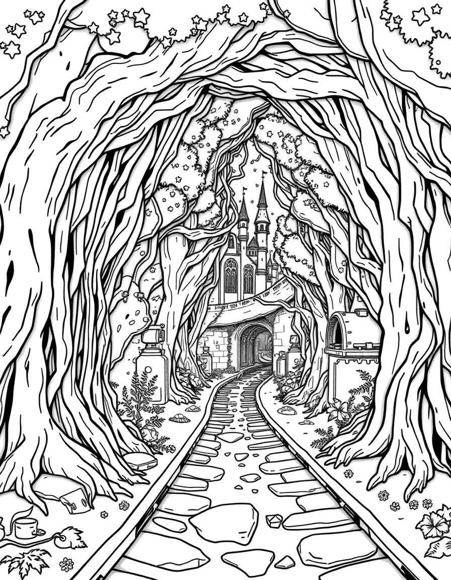 A magical subway system with roots and tunnels connecting underground areas of castle and forest