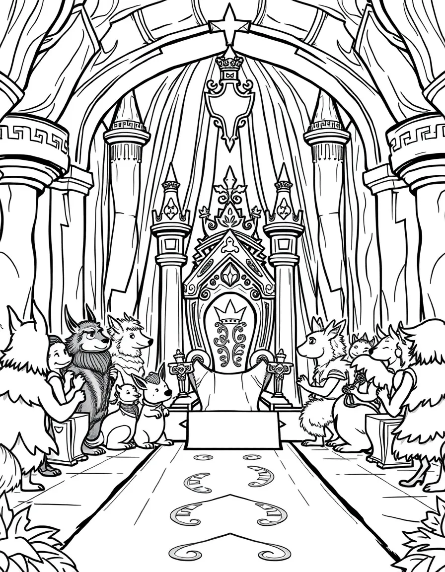 A grand coronation ceremony with forest creatures as honored guests in the castle throne room