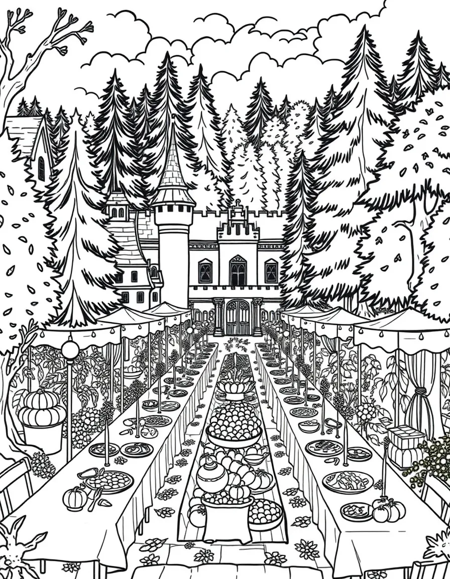 A harvest festival with tables laden with food stretching from castle courtyard into forest clearing