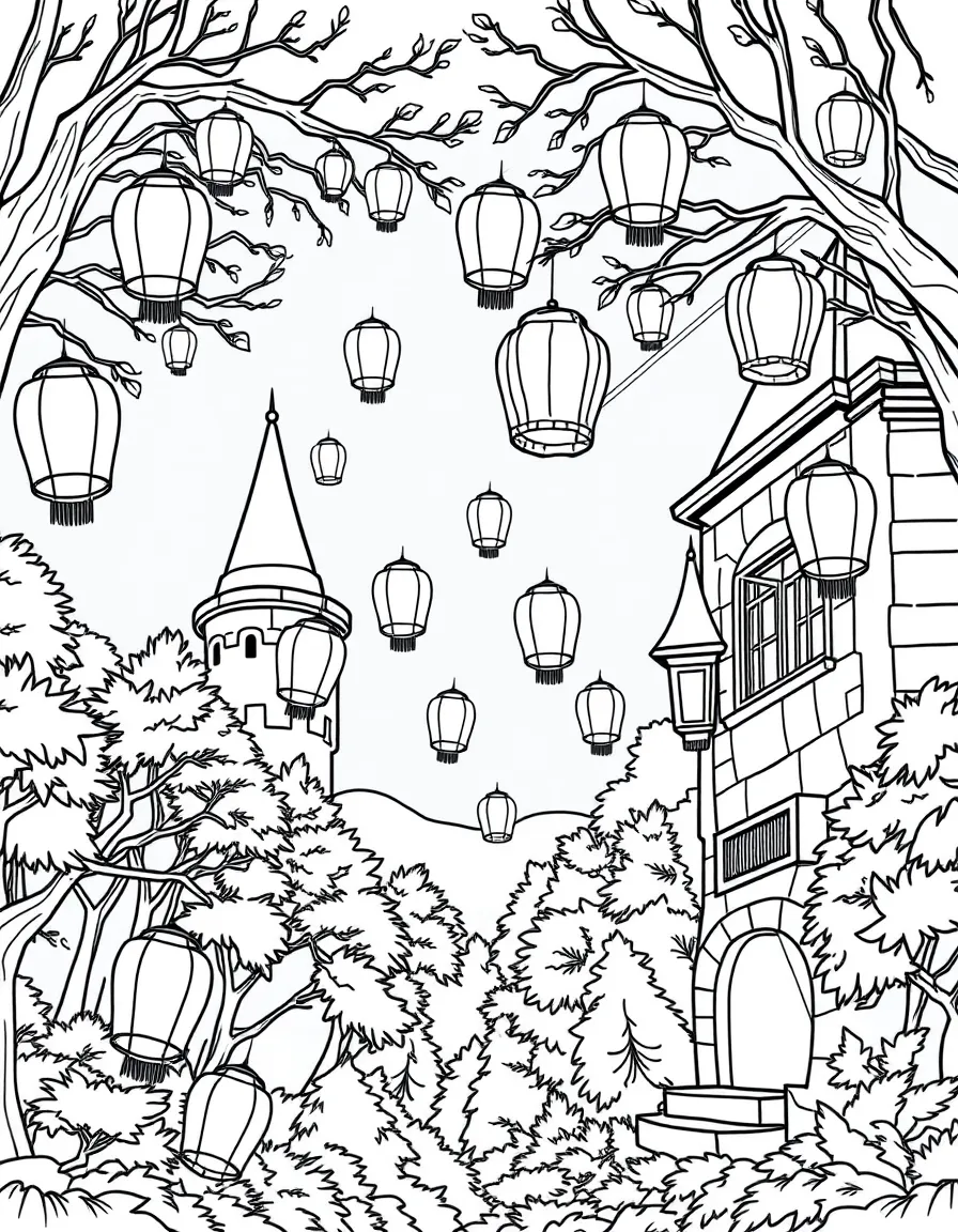 A lantern ceremony where paper lanterns are released from castle windows and forest branches
