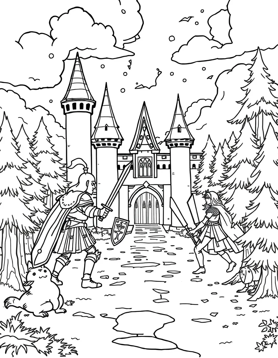 A magical tournament with competitions between castle knights and forest guardians