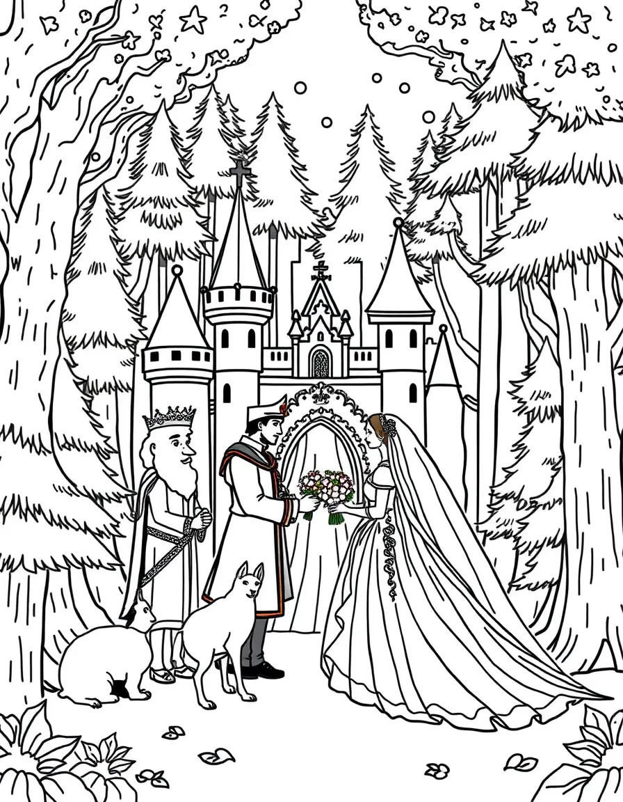A wedding ceremony uniting royal castle residents with noble forest beings