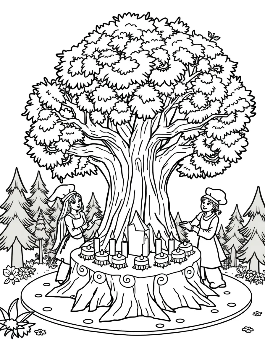 A birthday celebration for the ancient forest with castle bakers creating a tree-shaped cake
