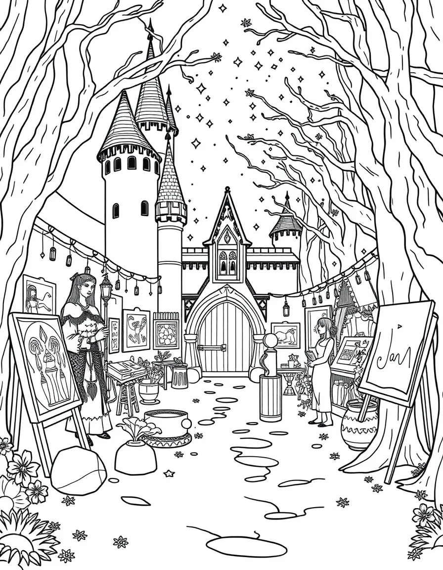 A magical arts exhibition with works by castle artisans and forest crafters displayed together