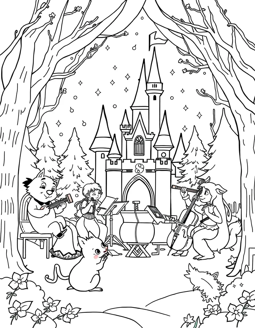 A musical concert with castle musicians and forest creatures performing in harmony