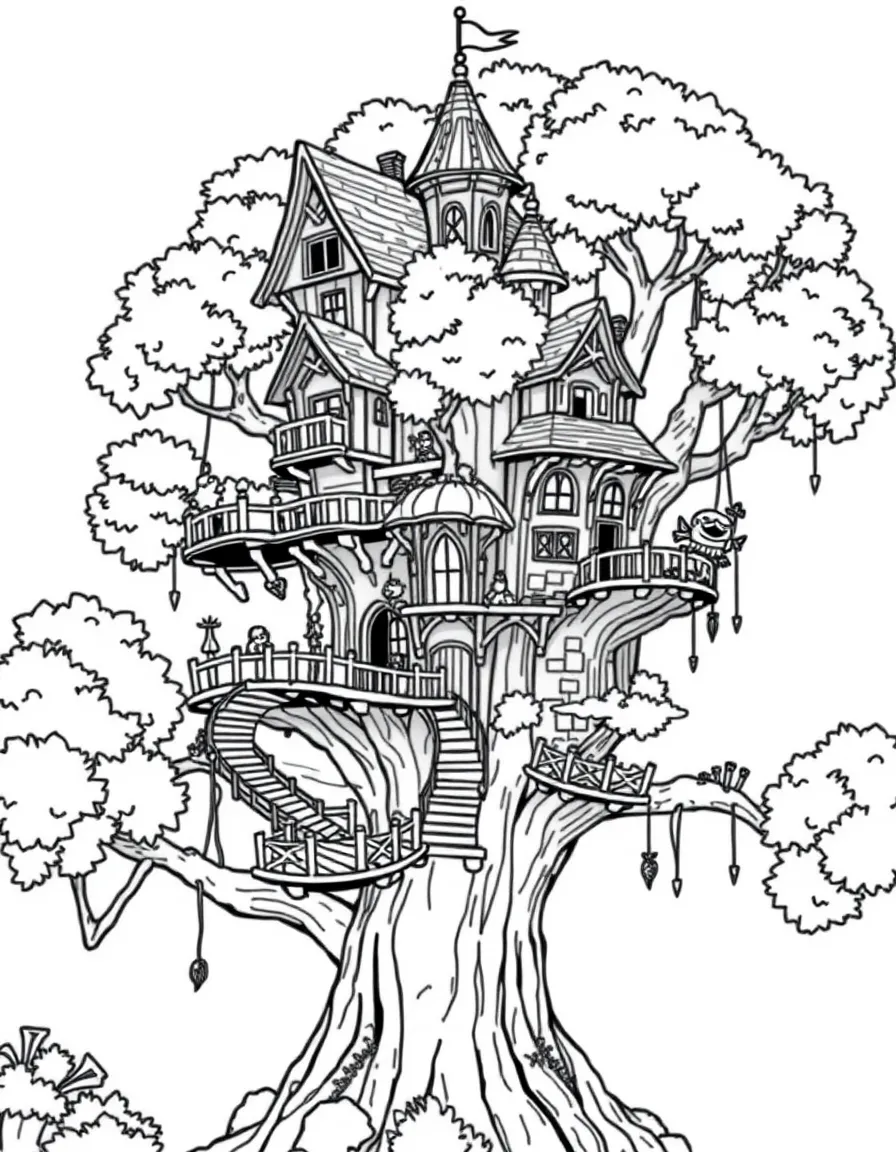 A treehouse village with drawbridges and platforms connected to middle levels of the castle