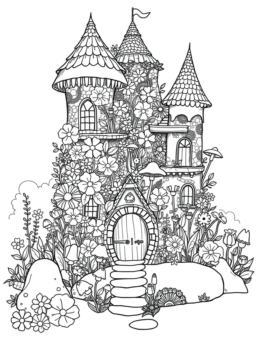 Fairy homes made from flowers and mushrooms growing in the castle's vertical gardens