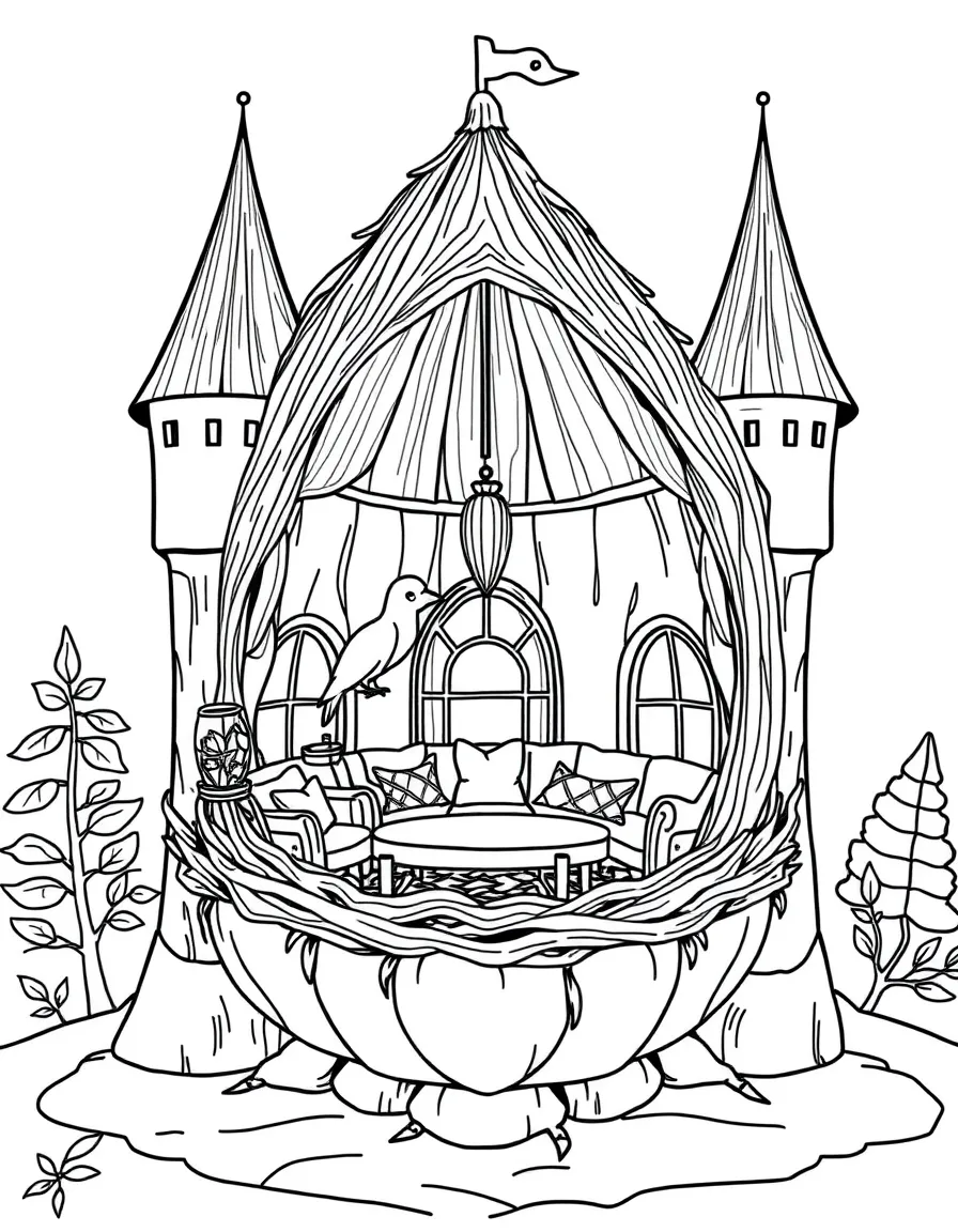 Giant bird nests with comfortable furnishings built in castle turrets