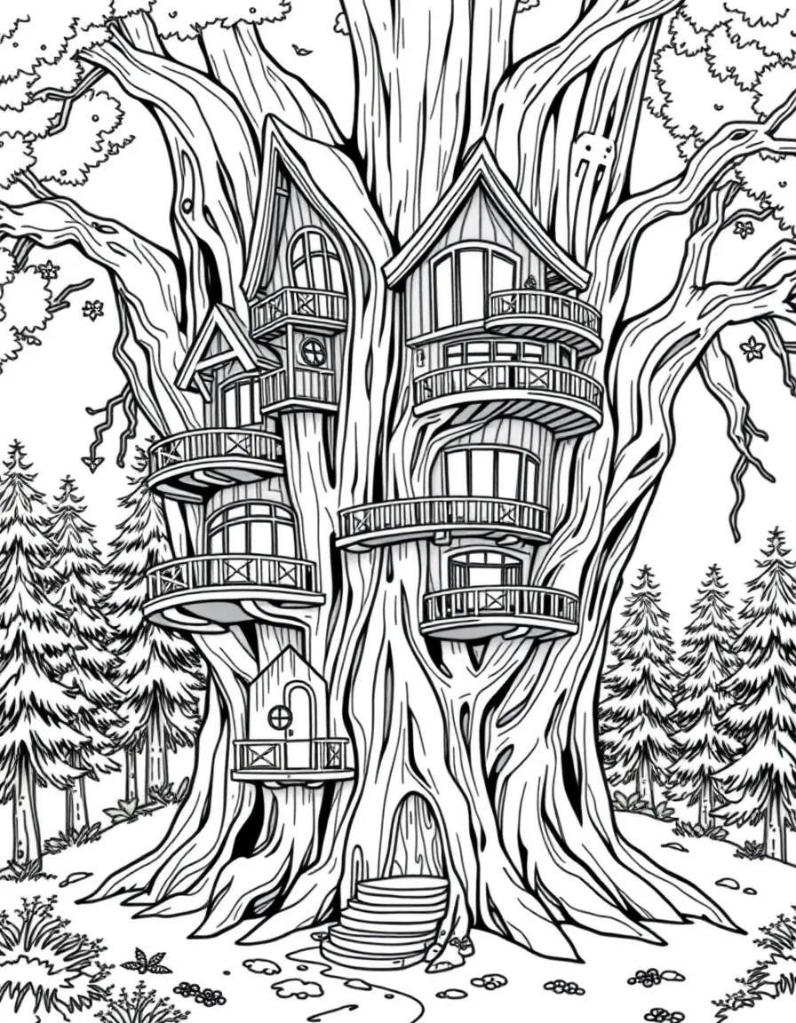 Elegant homes carved into massive tree trunks with multiple levels and balconies