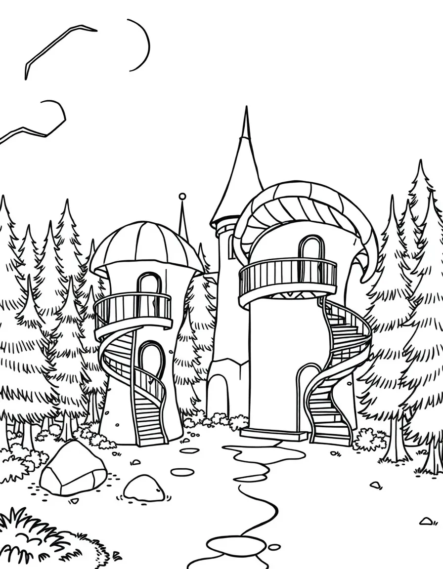 Shell-shaped structures with spiral staircases serving as guardhouses between castle and forest