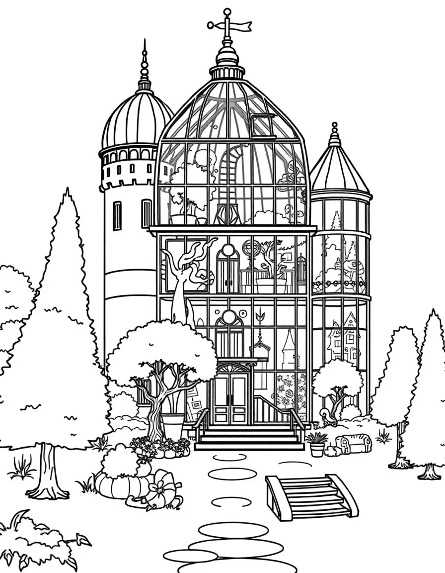 A greenhouse castle with glass walls allowing trees to grow inside alongside royal apartments