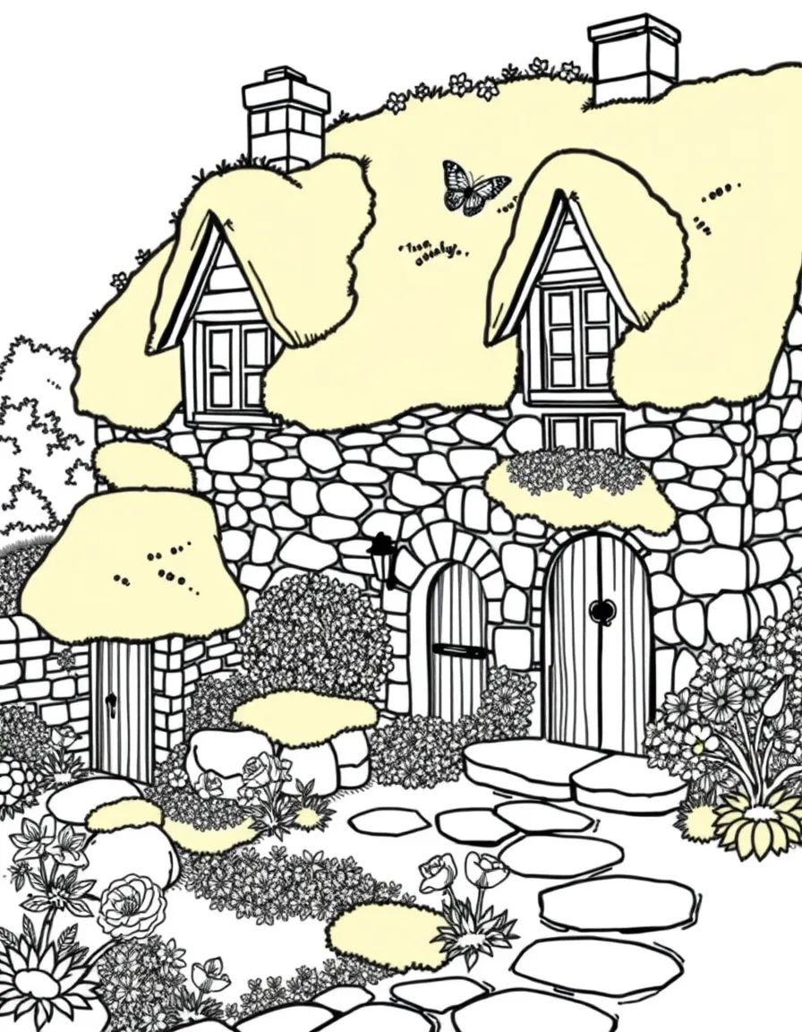 Stone cottages with living roofs where moss and flowers grow in organized patterns