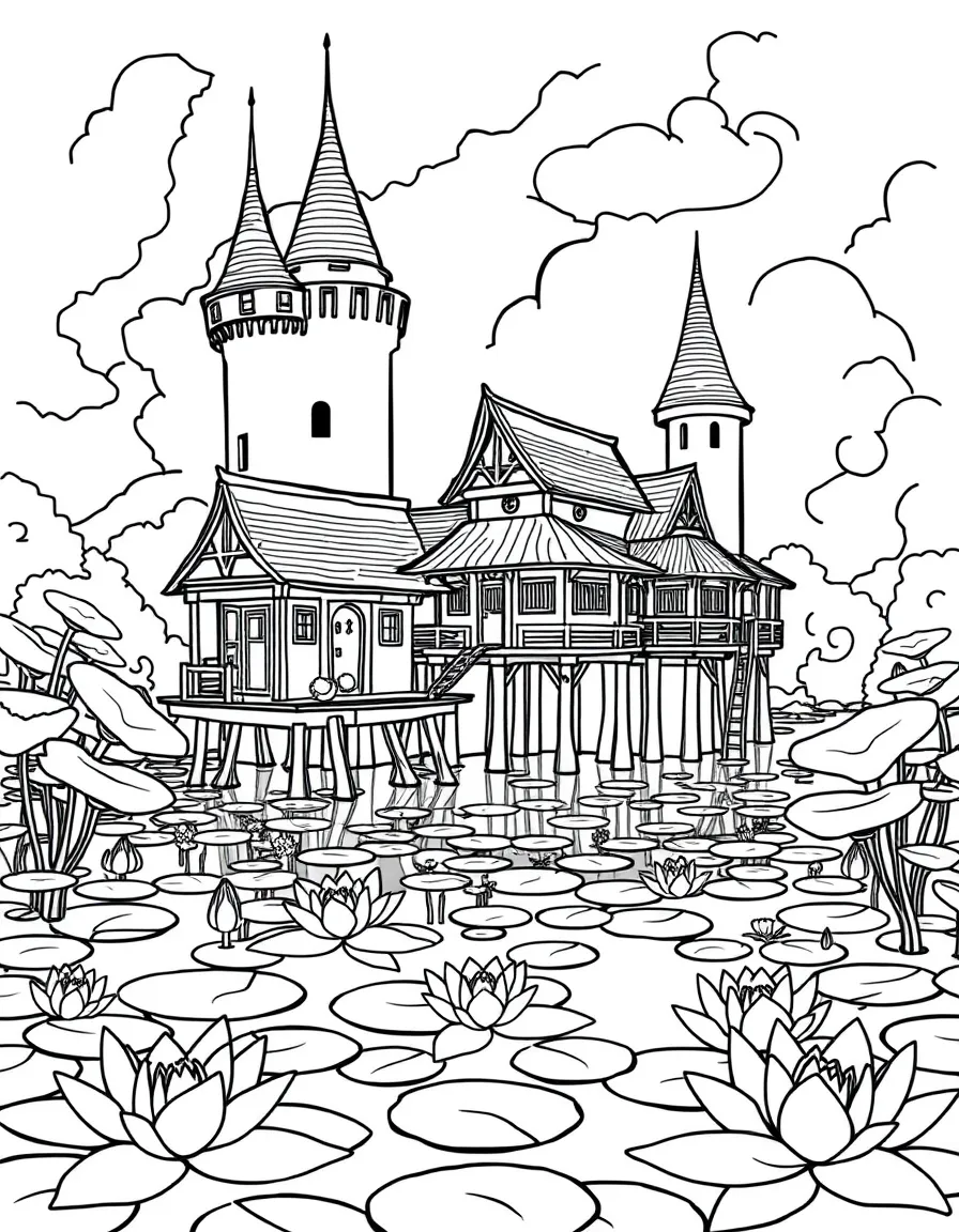 Water dwellings built on stilts in the castle moat with lily pad gardens surrounding them