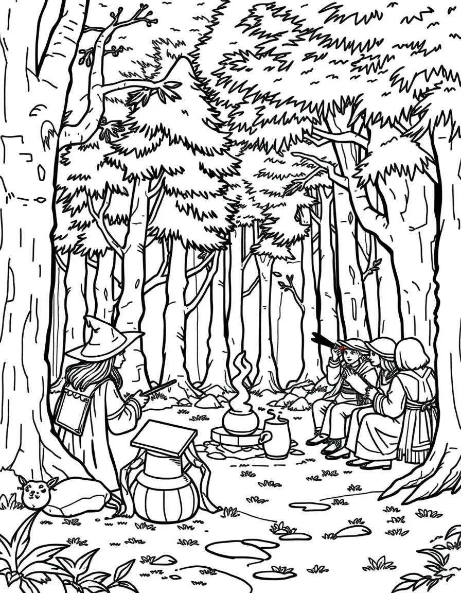 A potions class being taught in a forest clearing with castle apprentices taking notes