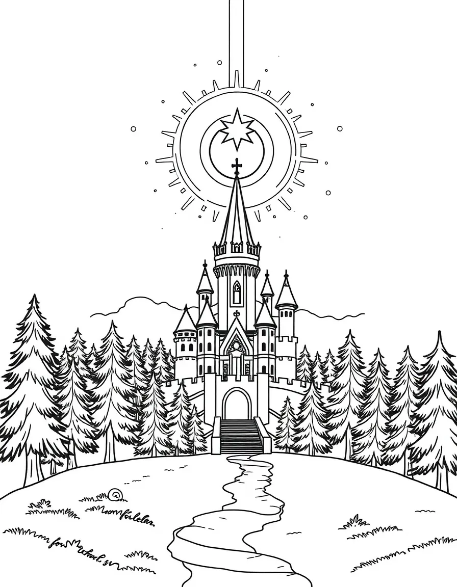 A spell being cast that creates a protective dome of light over both castle and forest