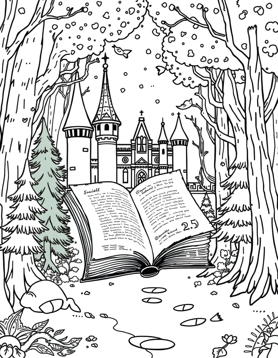 A magical book floating between castle library and forest archive, recording daily events