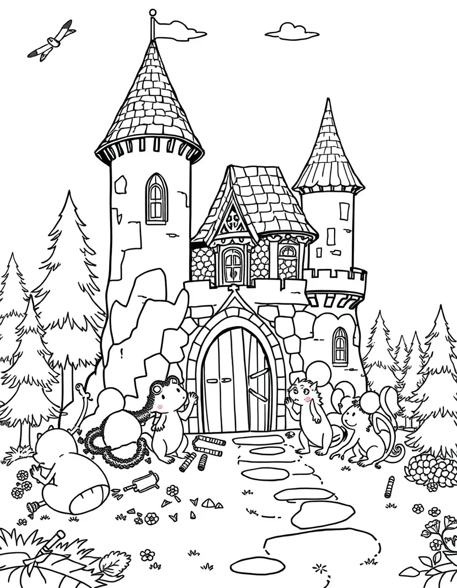 Magical creatures helping to build an addition to the castle using living materials from the forest