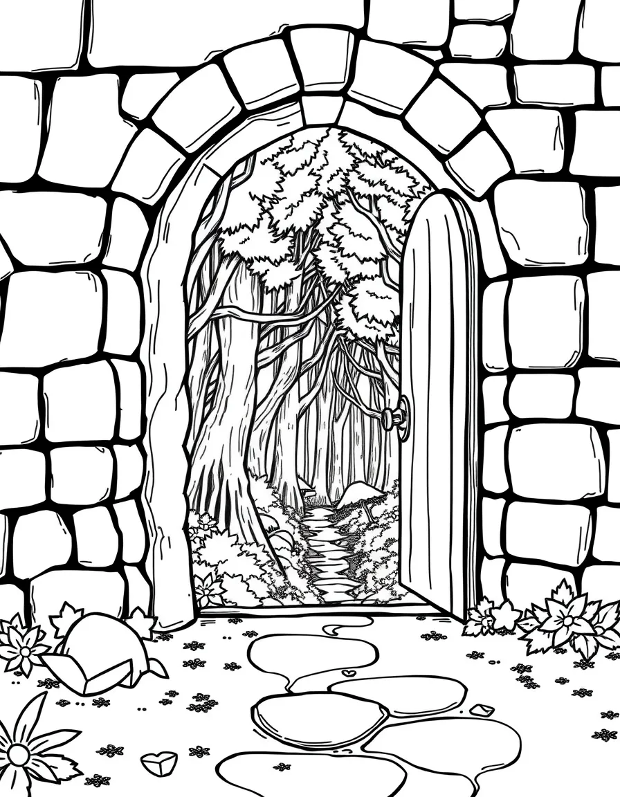 A hidden door in the castle wall revealing a secret passage to the heart of the enchanted forest