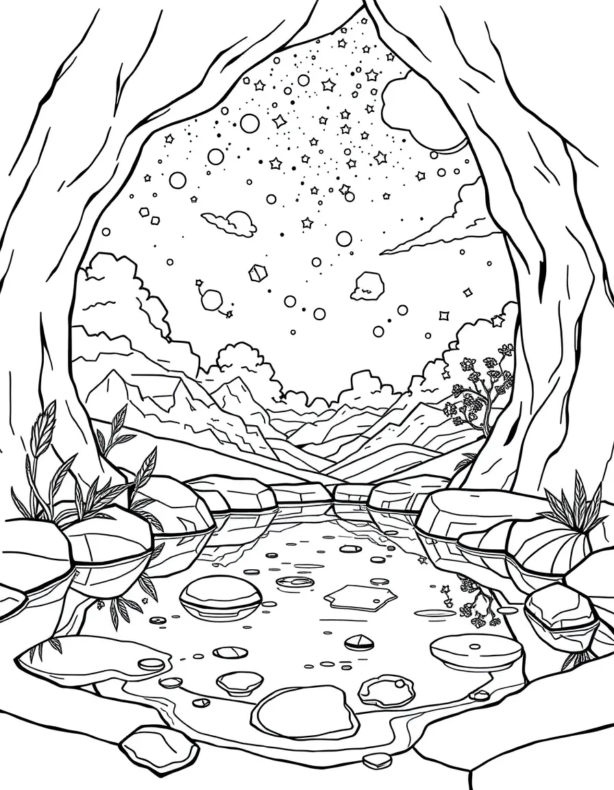 A magical pool reflecting not the sky above but scenes from different realms