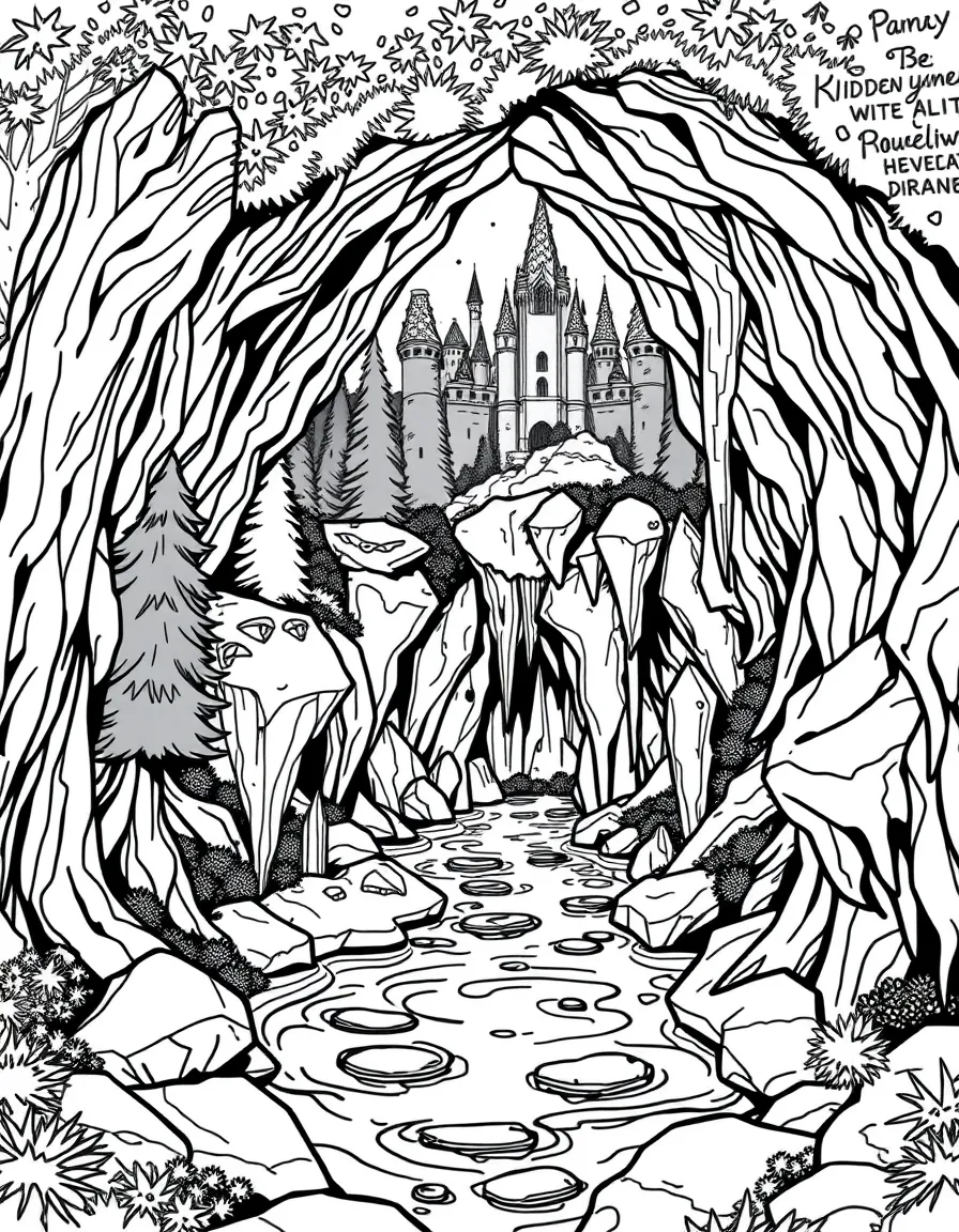 A hidden grotto beneath the castle and forest where healing waters flow from crystal formations