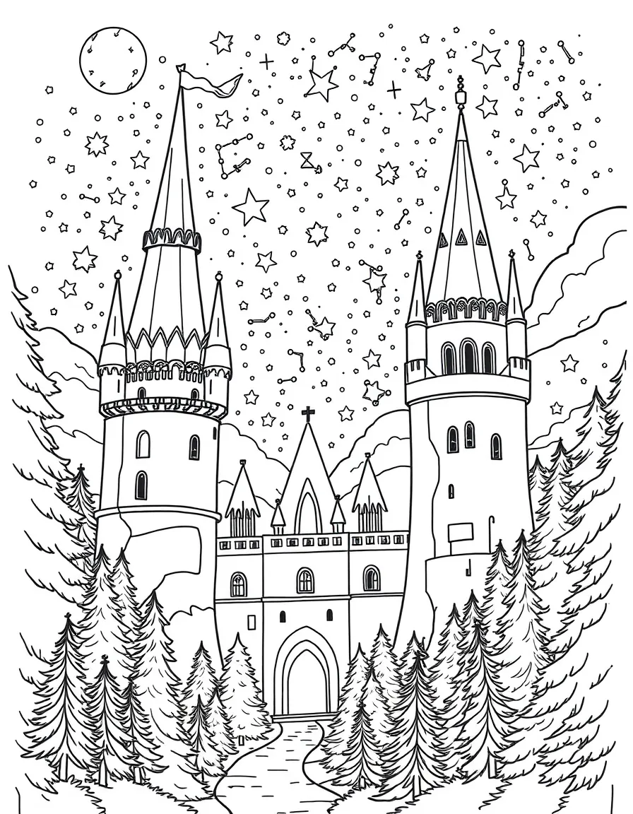 Constellations coming to life and dancing between castle towers and forest canopies