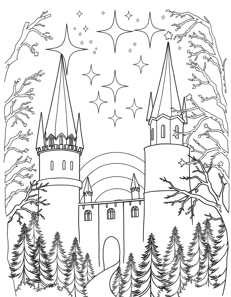 Stars descending to rest on castle spires and forest branches before dawn