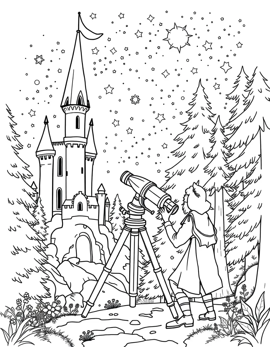 Castle astronomers and forest stargazers sharing knowledge by a telescope made from crystal