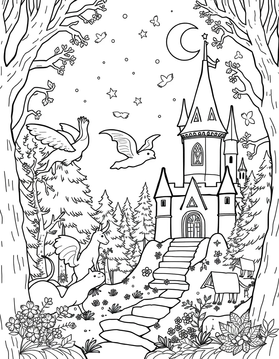 Nocturnal forest creatures delivering dream messages to sleeping castle residents