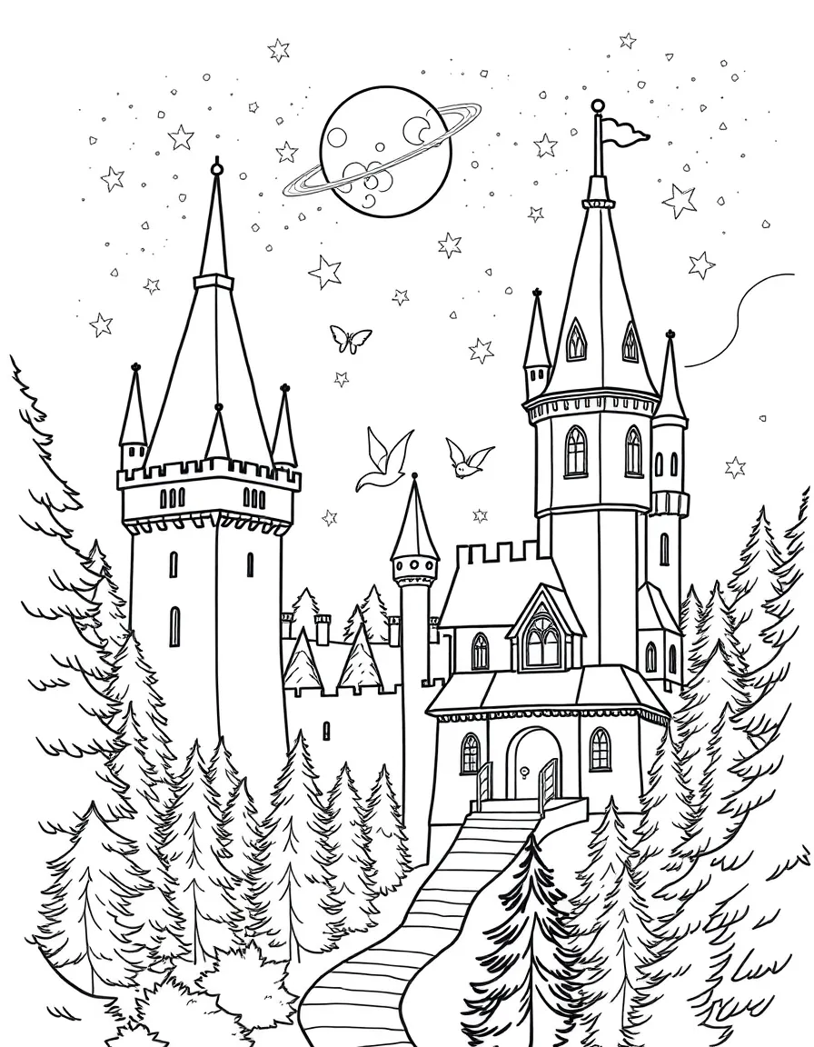 A midnight ball where moon sprites dance on the castle roof and forest clearings