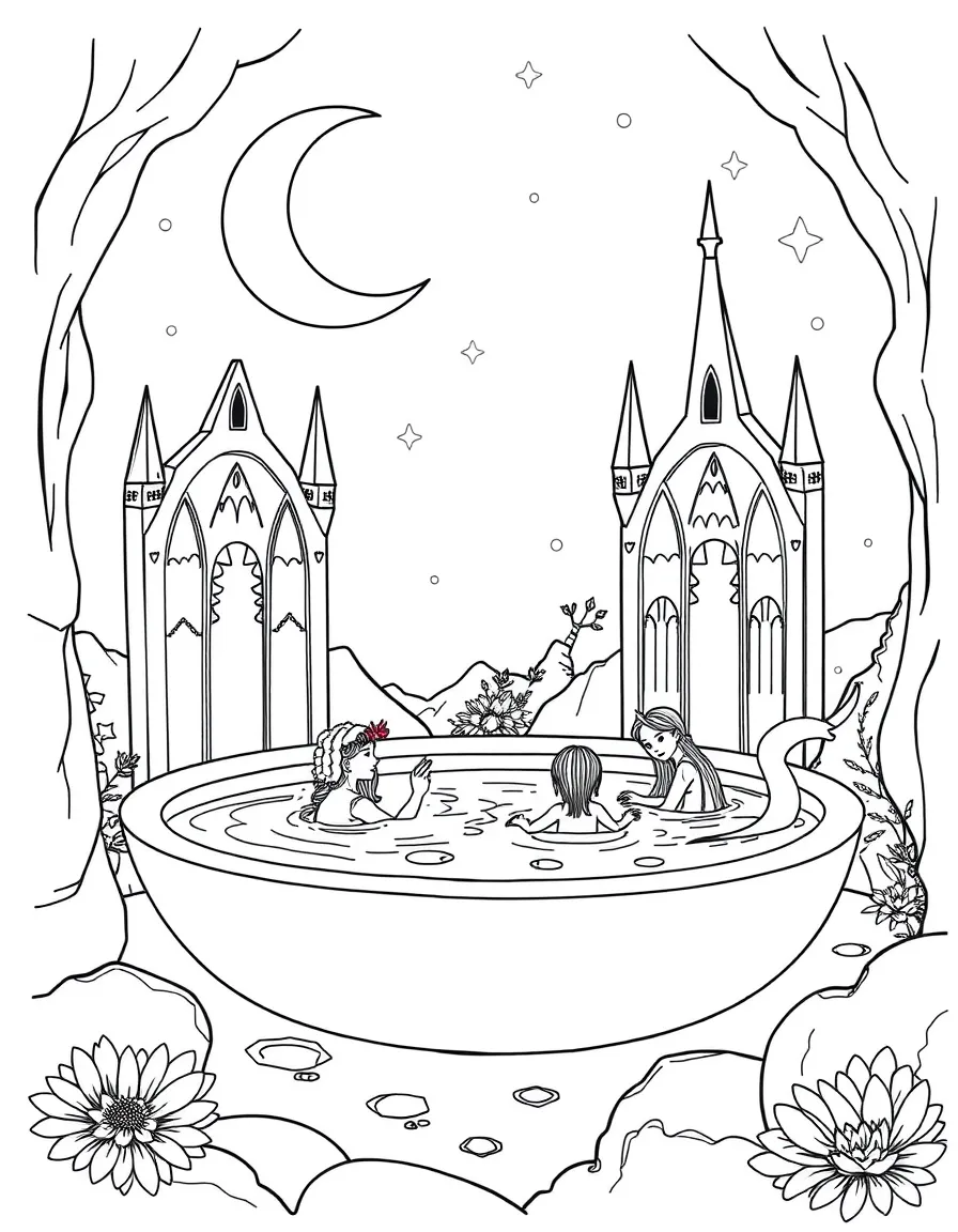 Moon bathing pools where magical creatures rejuvenate in moonlight reflected off castle mirrors