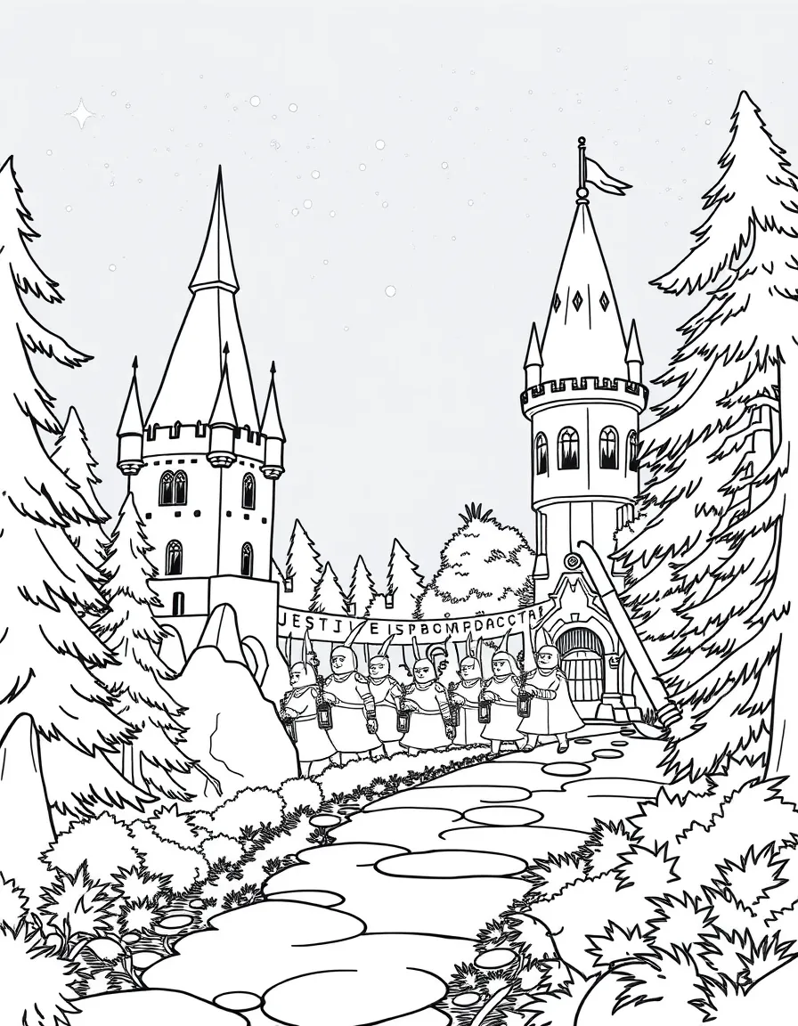 Night guardians patrolling the boundaries between castle and forest with lanterns of starlight