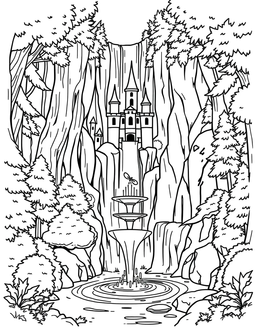 A magical waterfall flowing upward from a forest pool to a castle fountain