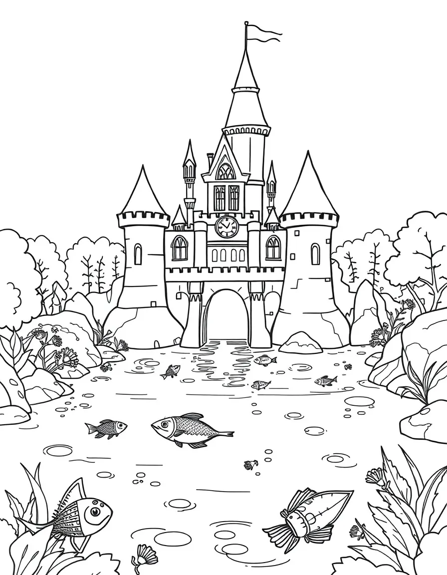 A moat surrounding the castle filled with friendly water spirits and glowing fish