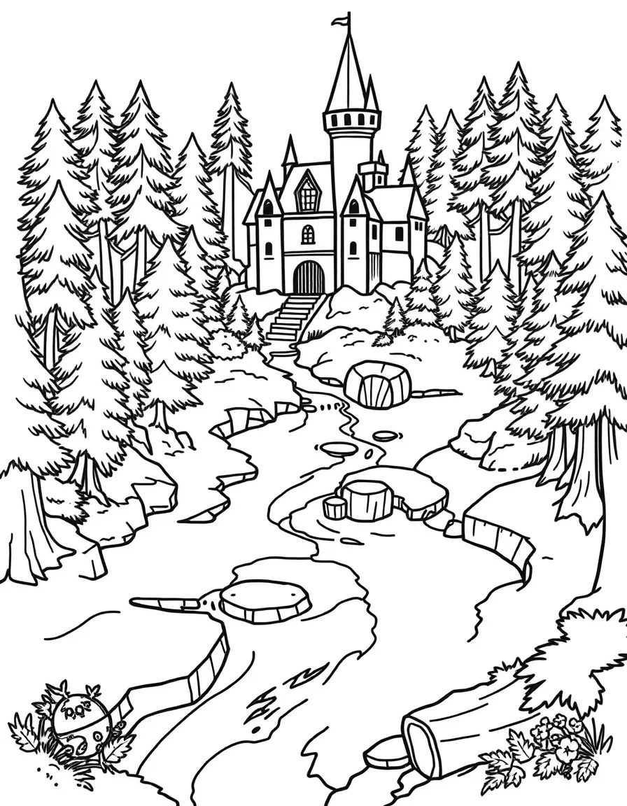 A series of forest pools connected by flowing streams that form a map of the castle above