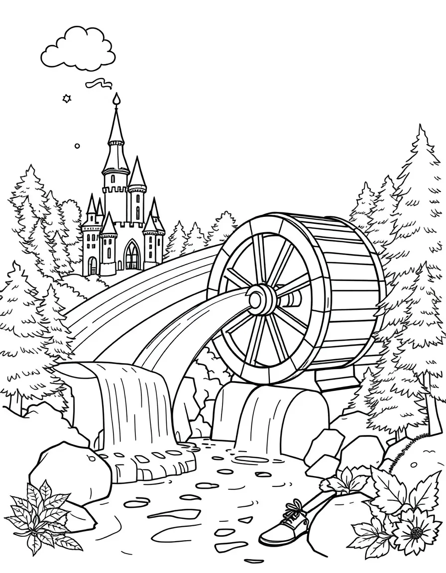 A magical water wheel generating rainbow light for both castle and forest