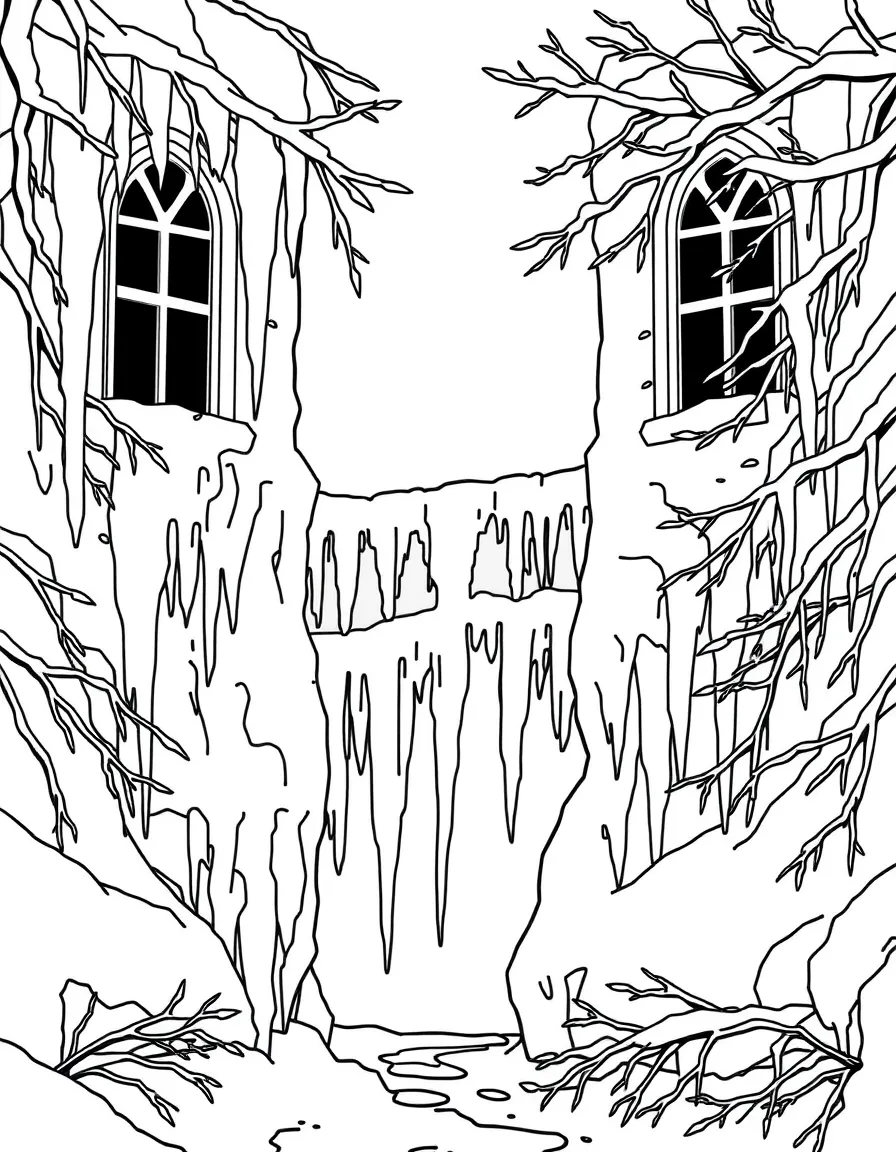 Ice formations in winter that create crystalline bridges between castle windows and forest branches