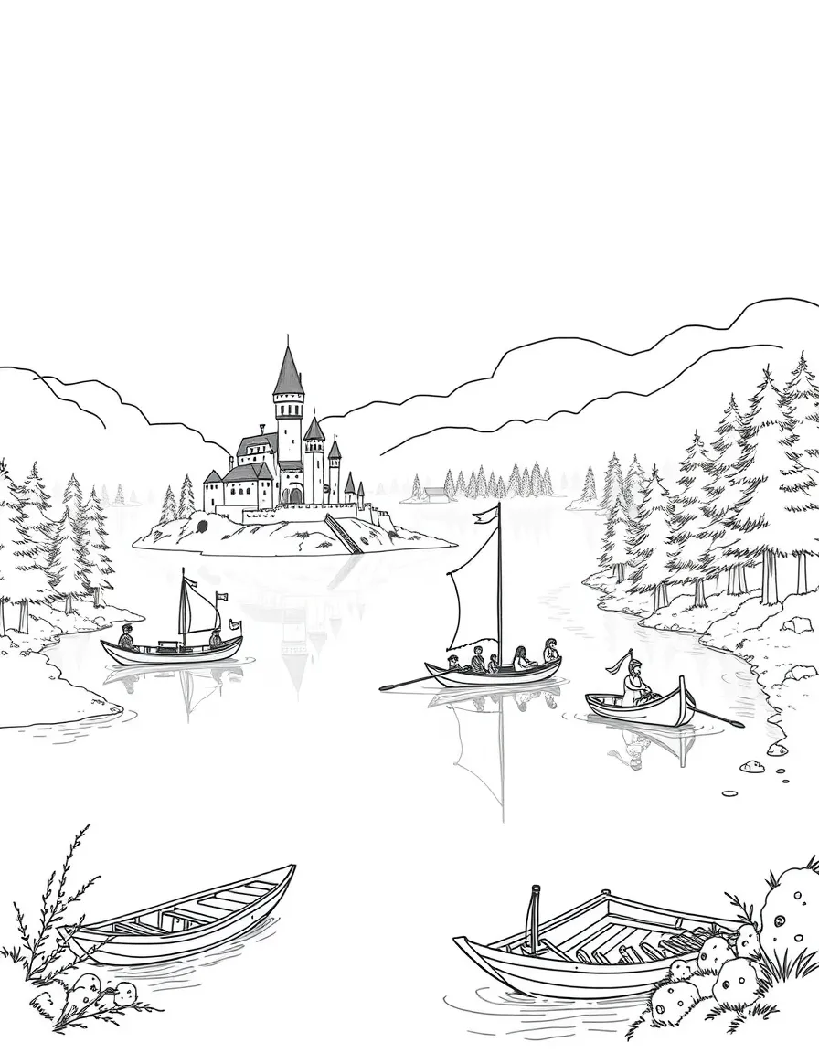 A mist-covered lake where castle boats and forest rafts meet for trading goods