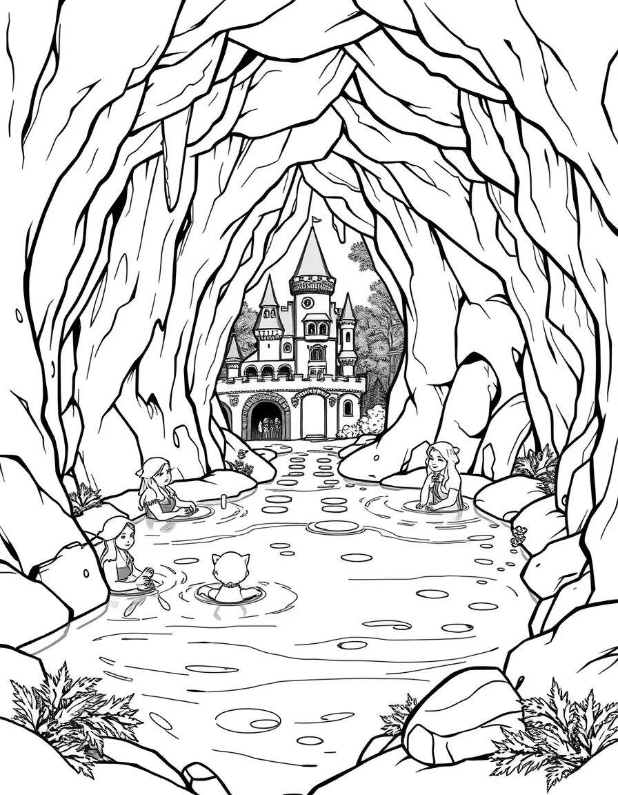Underground hot springs where castle residents and forest beings relax together