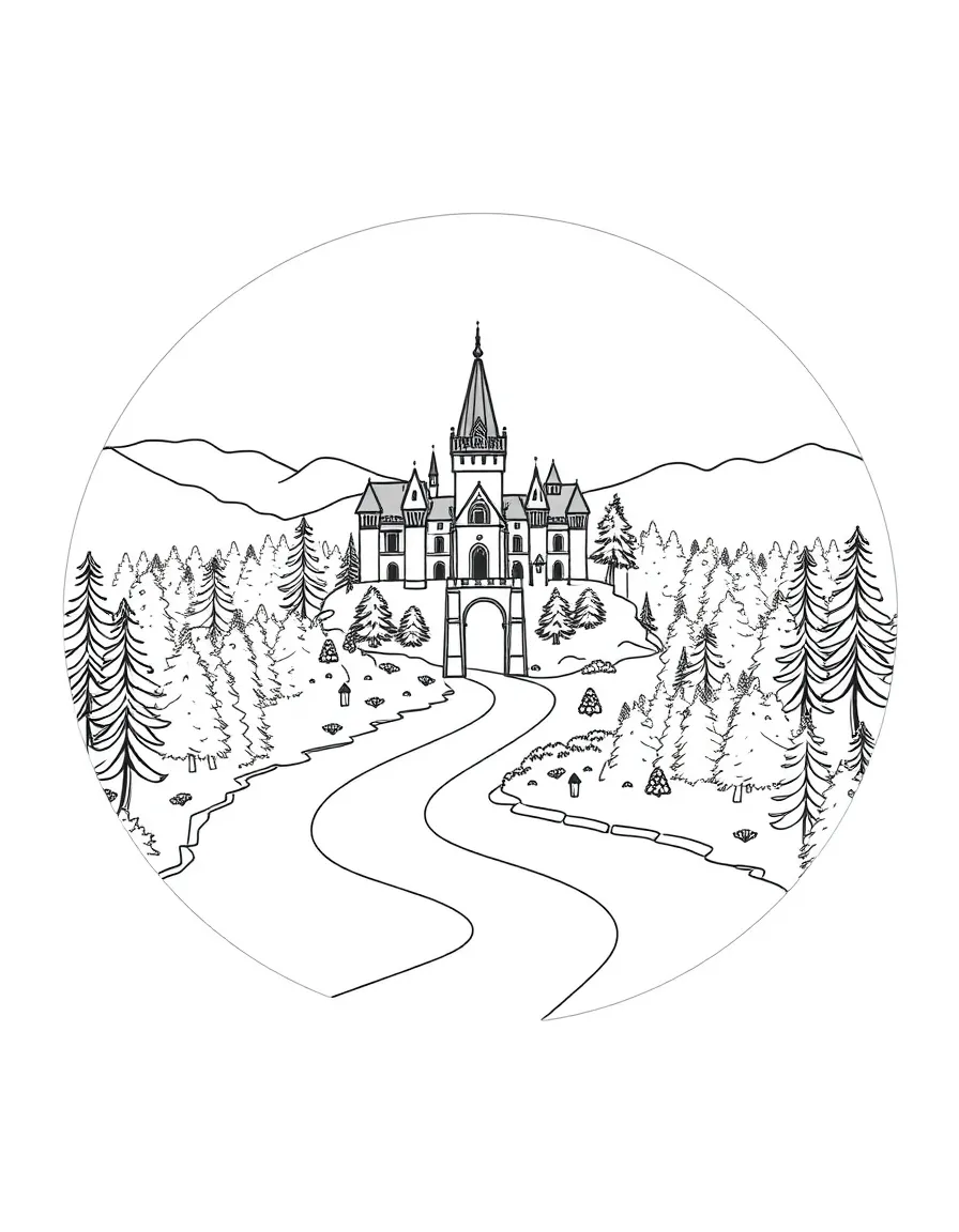 A river dividing and encircling the castle and forest, joining again to form a perfect circle