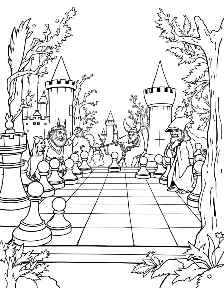 A giant chess set with pieces that come to life, played between castle strategists and forest elders