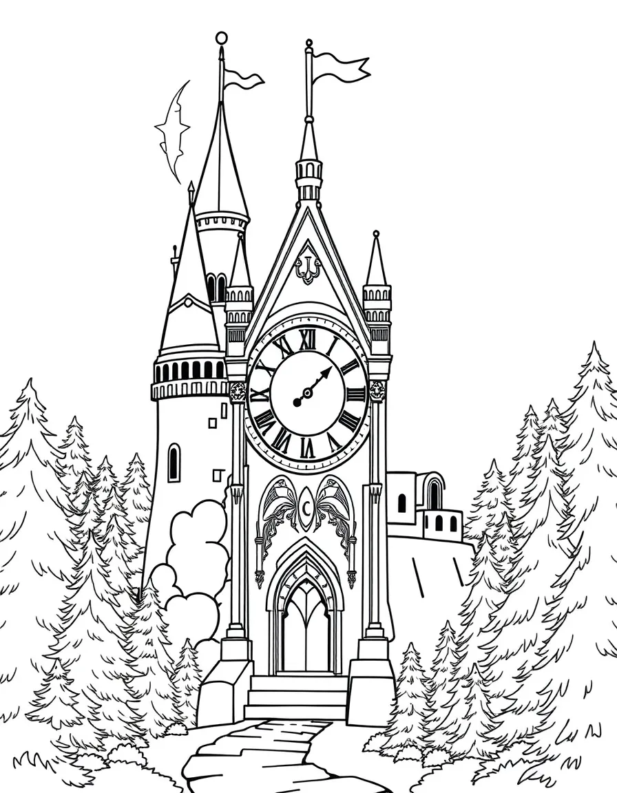 Magical timepieces synchronized between castle towers and forest clearings