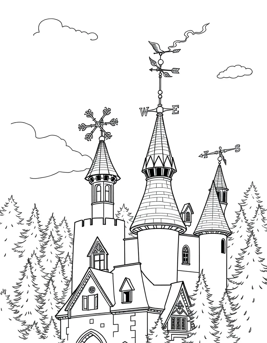 Magical weathervanes on castle roofs that control small areas of weather in the forest