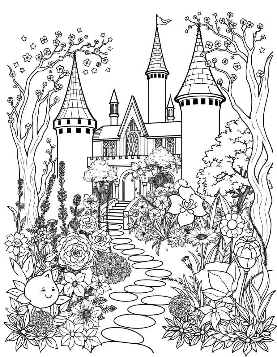 Magical gardens where plants from castle and forest grow together in impossible combinations