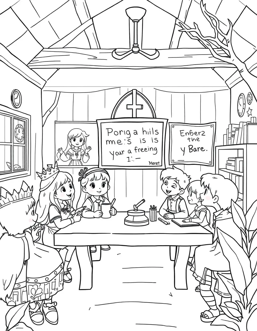 A school room where young royals and forest children learn together under a wise teacher