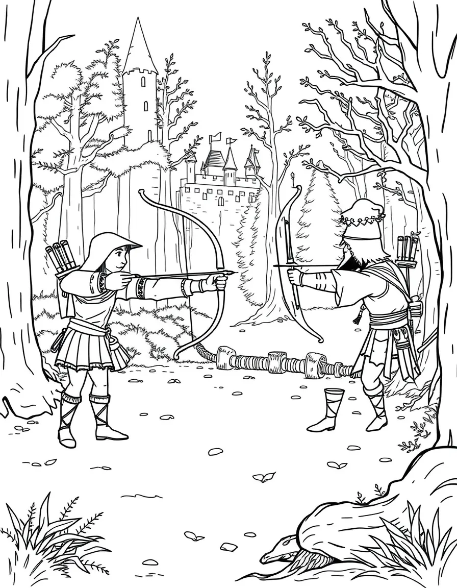 An archery range where castle archers and forest hunters share techniques and friendly competition