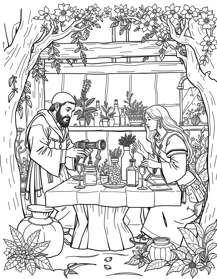 An herbalist workshop where castle physicians and forest healers exchange knowledge of remedies