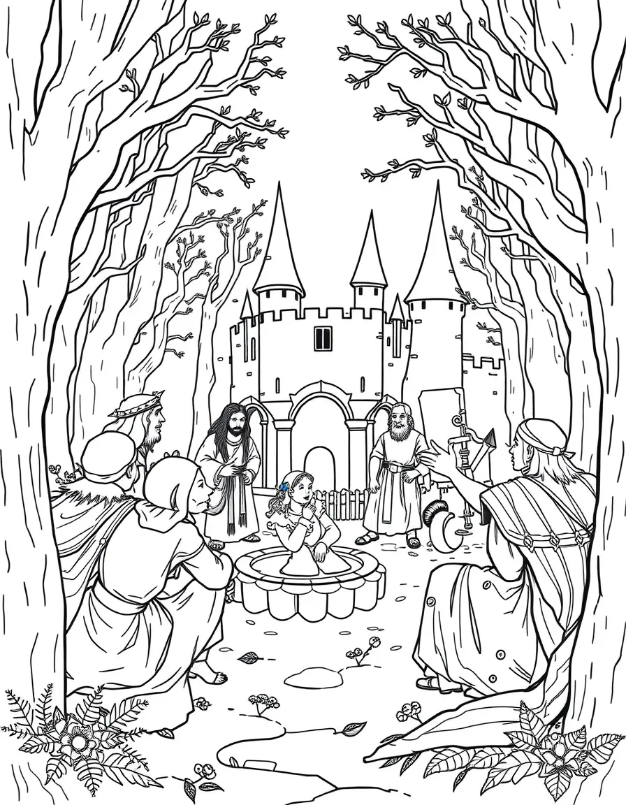 A storytelling circle where castle historians and forest elders preserve ancient legends