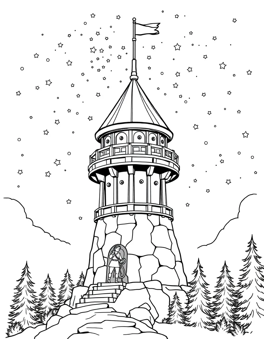 A navigator's tower where castle astronomers and forest pathfinders study the stars together