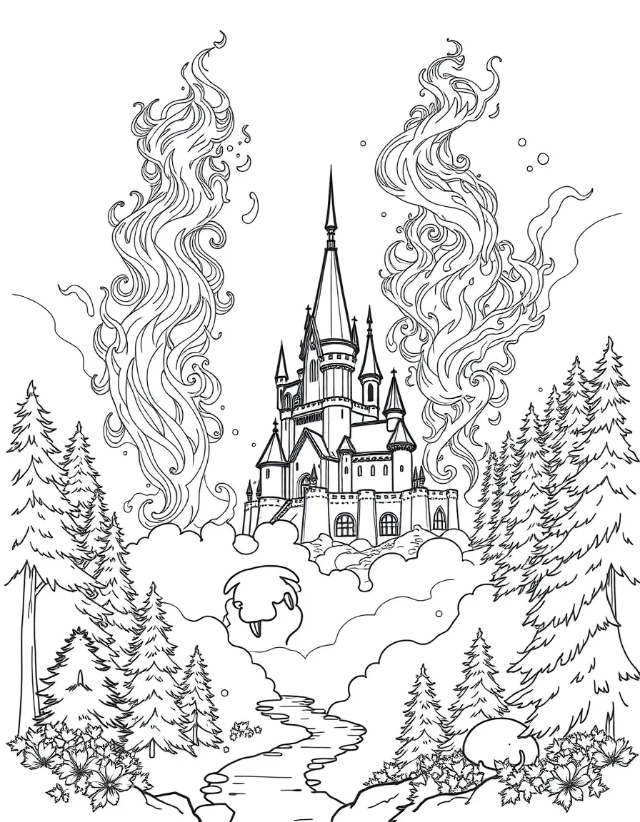 Fire and water elementals working together to create enchanted mist around castle and forest